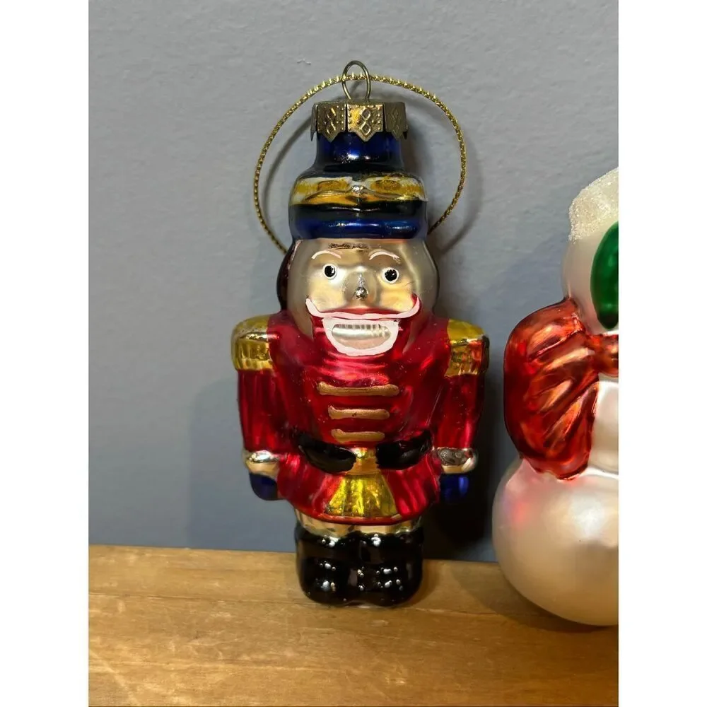 Vintage blown glass Christmas tree ornaments snowman and Nutcracker soldier bund